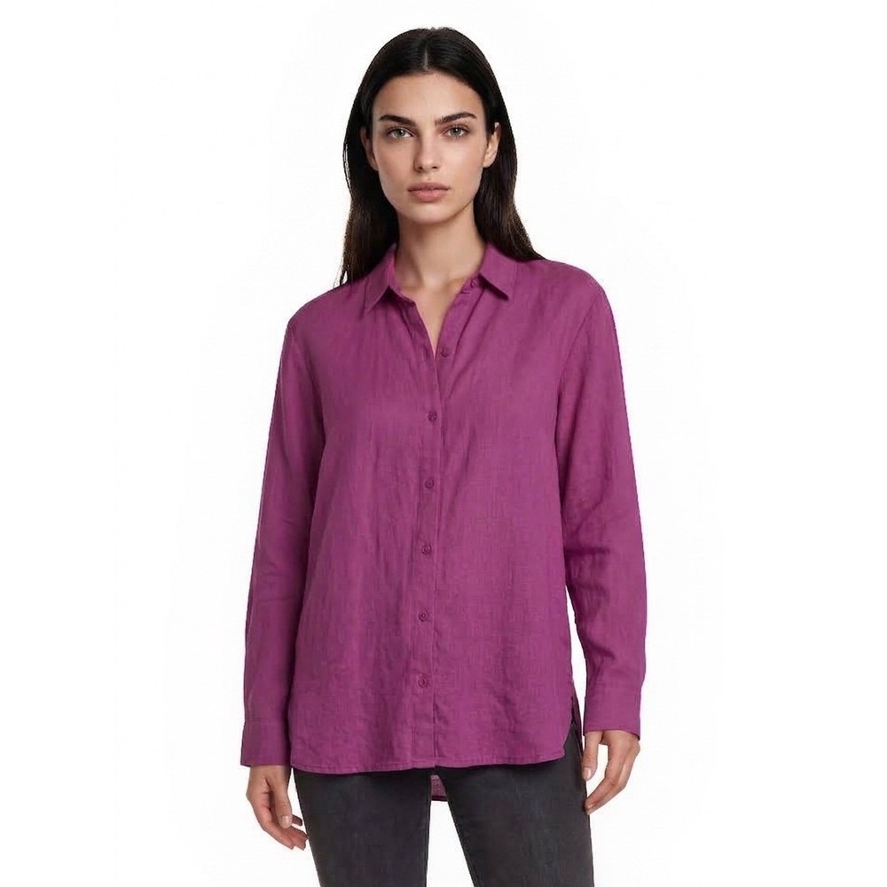 Eileen Fisher Button Blouse Shirt Women's Size Medium Magenta 100% Organic Linen